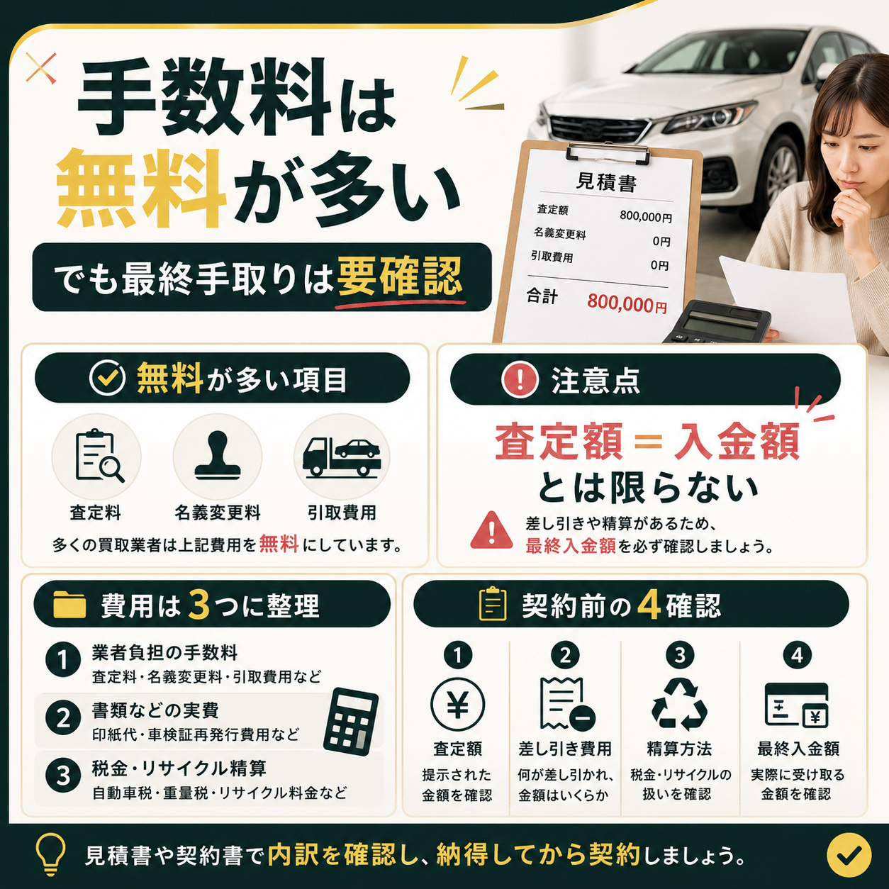 車買取の手数料は無料が多いが最終手取り額を確認する