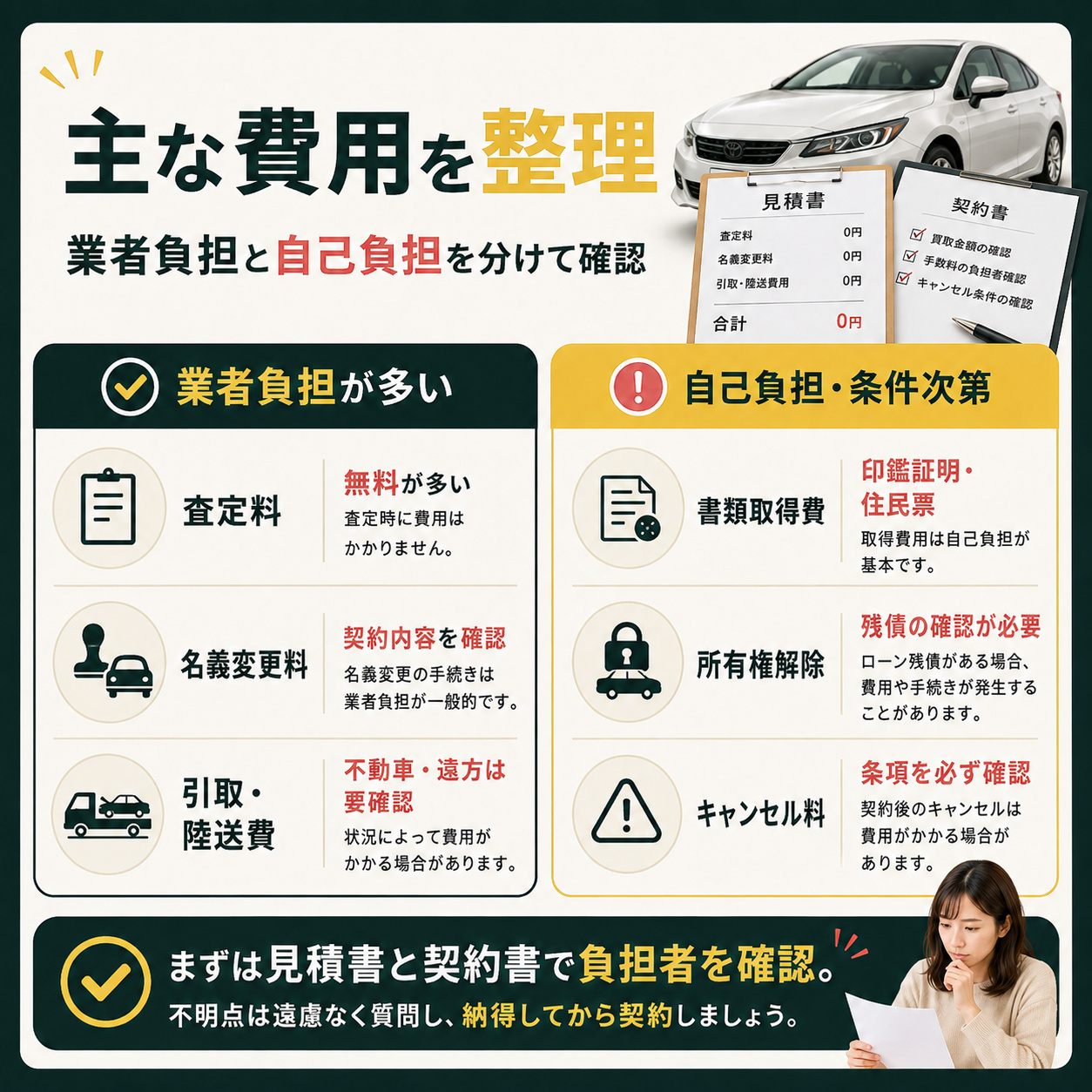 車買取で発生する主な手数料と自己負担の実費