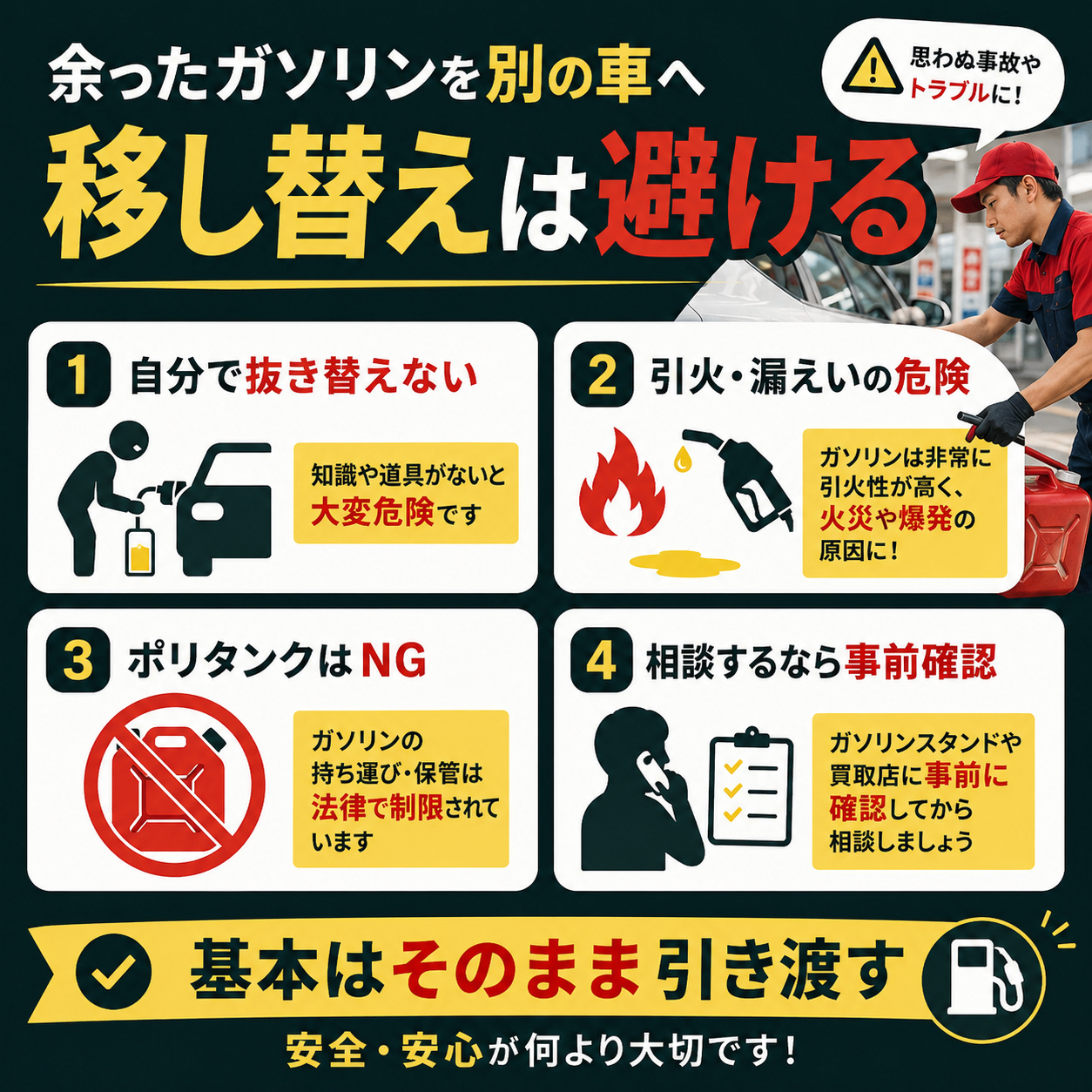 余ったガソリンを別の車へ移すのは避ける