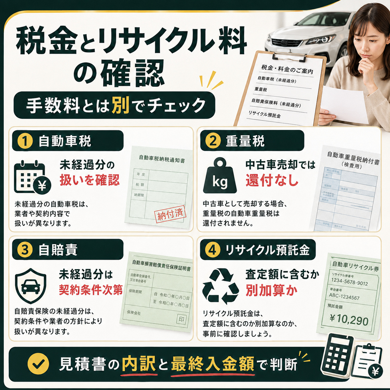 税金やリサイクル料金は手数料と分けて確認する