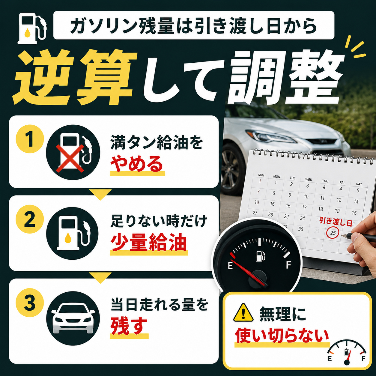 ガソリン残量は引き渡し日から逆算して調整する