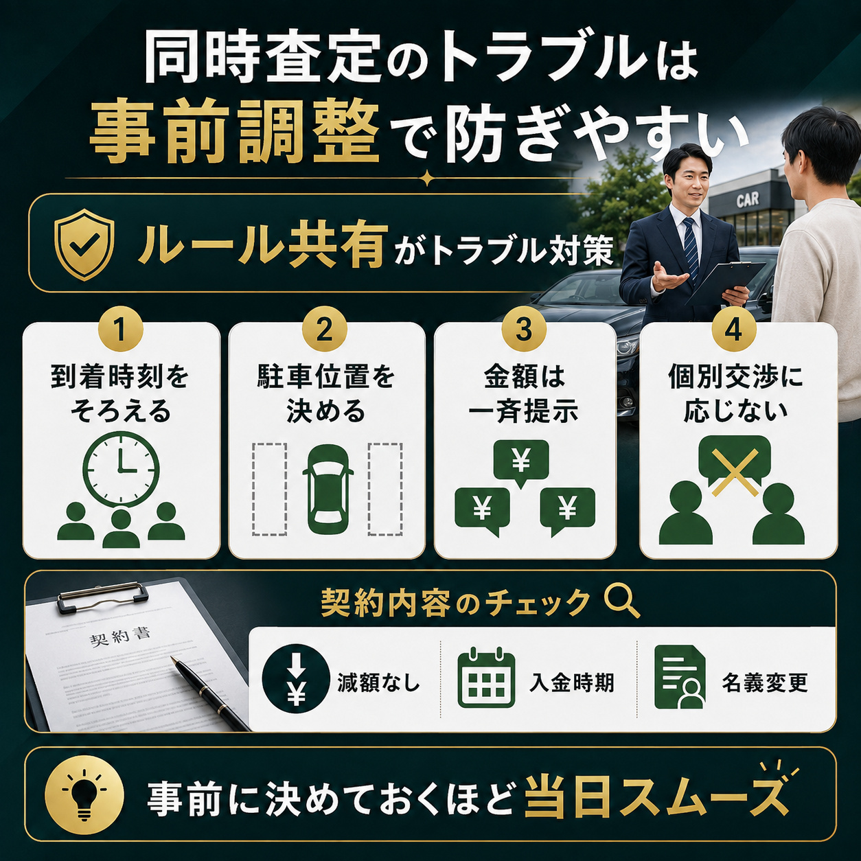 同時査定のトラブルは事前調整で防ぎやすい
