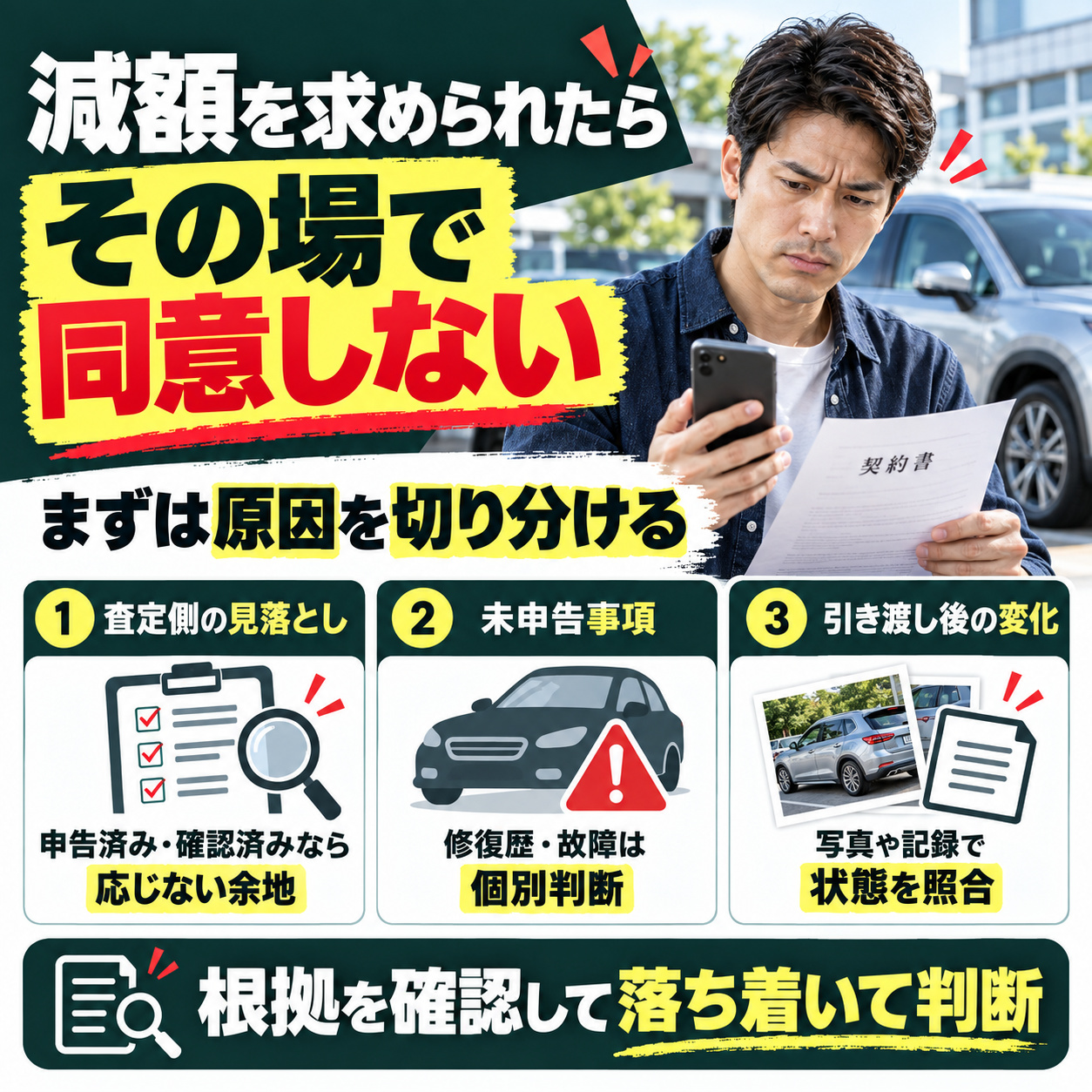 車買取の減額トラブルは即答せず根拠を確認する