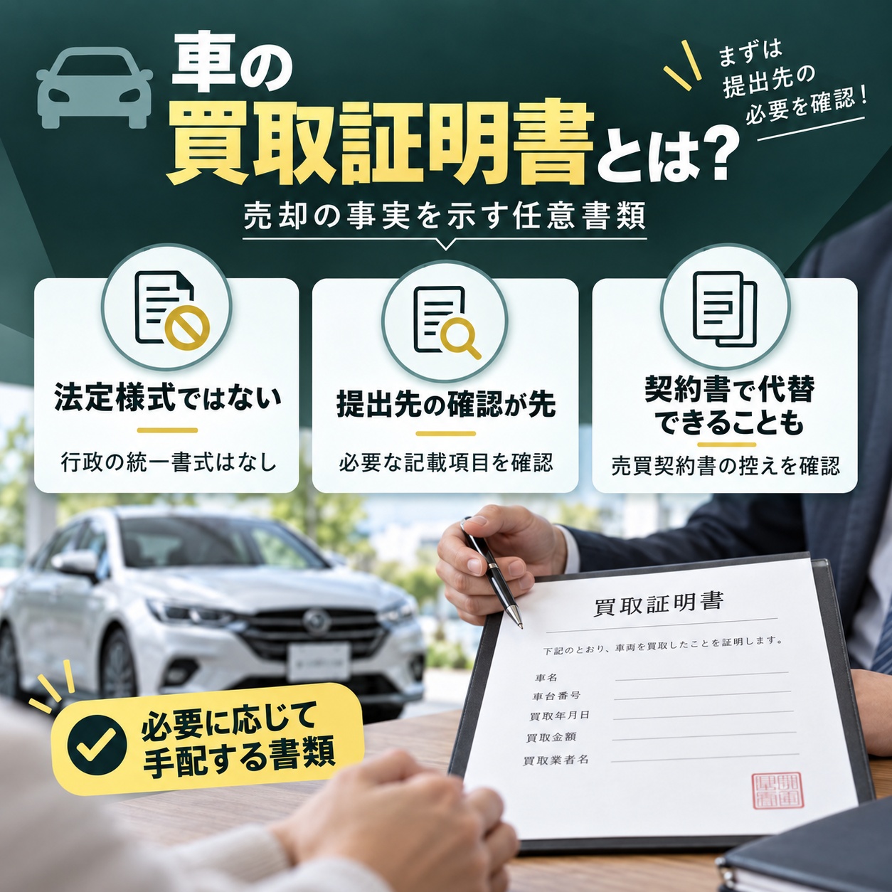 車の買取証明書は売却の事実を示す任意書類