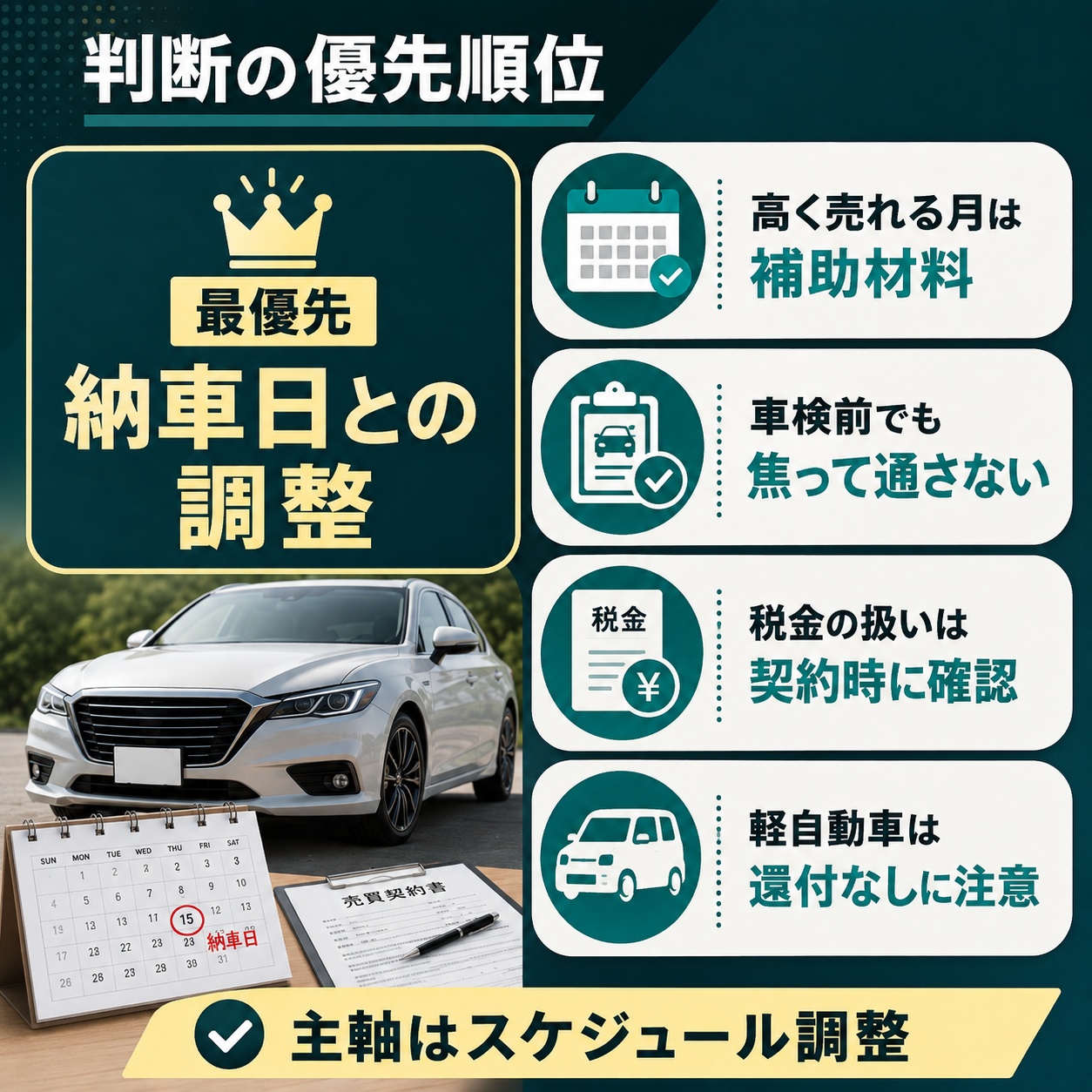 高く売れる月や車検・税金は補助判断にする