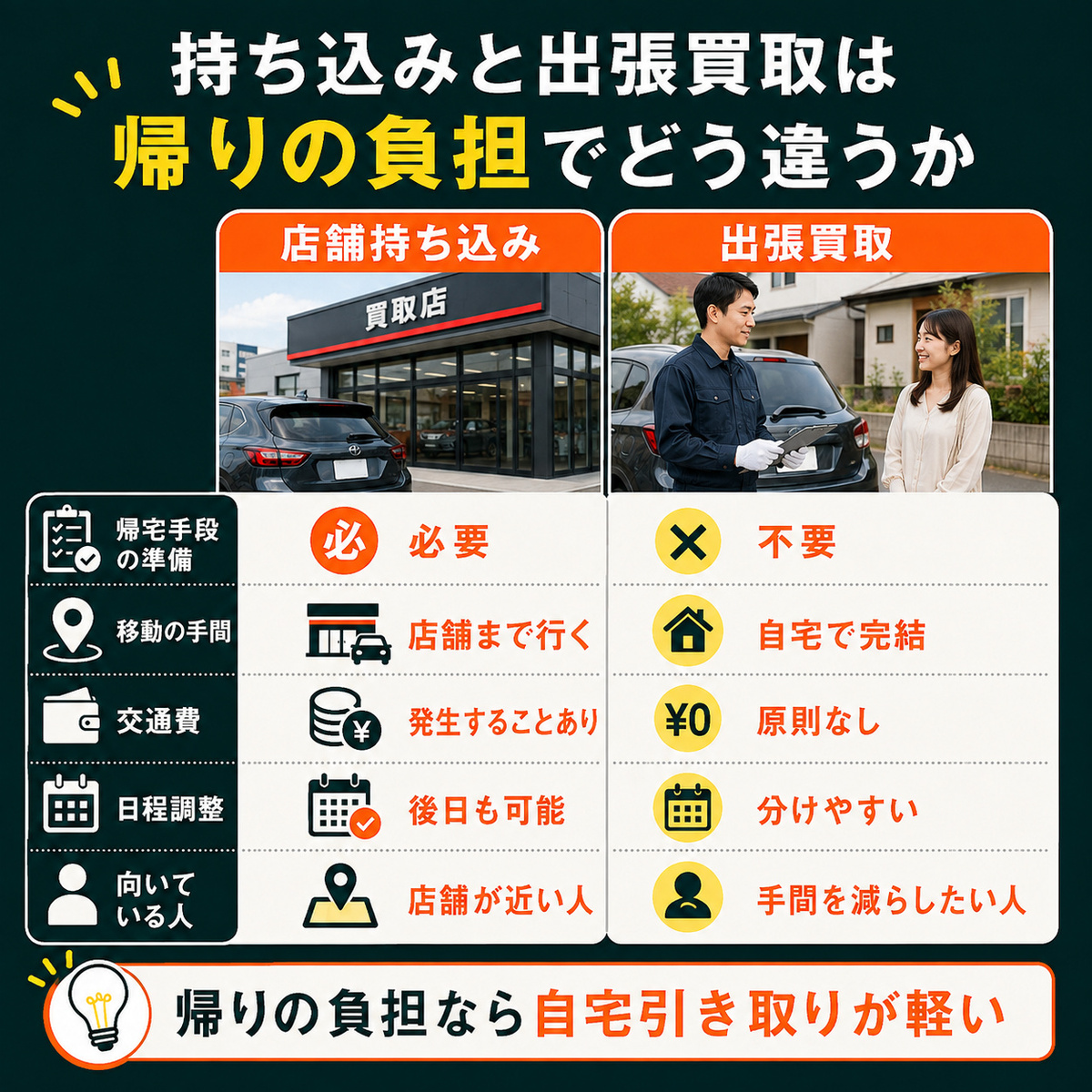持ち込みと出張買取は帰りの負担でどう違うか