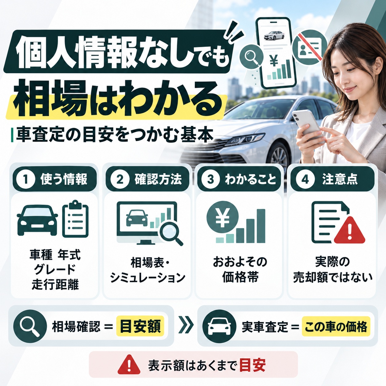 車査定のだいたいはいくら？登録なしで相場確認【実査定との差もわかる】
