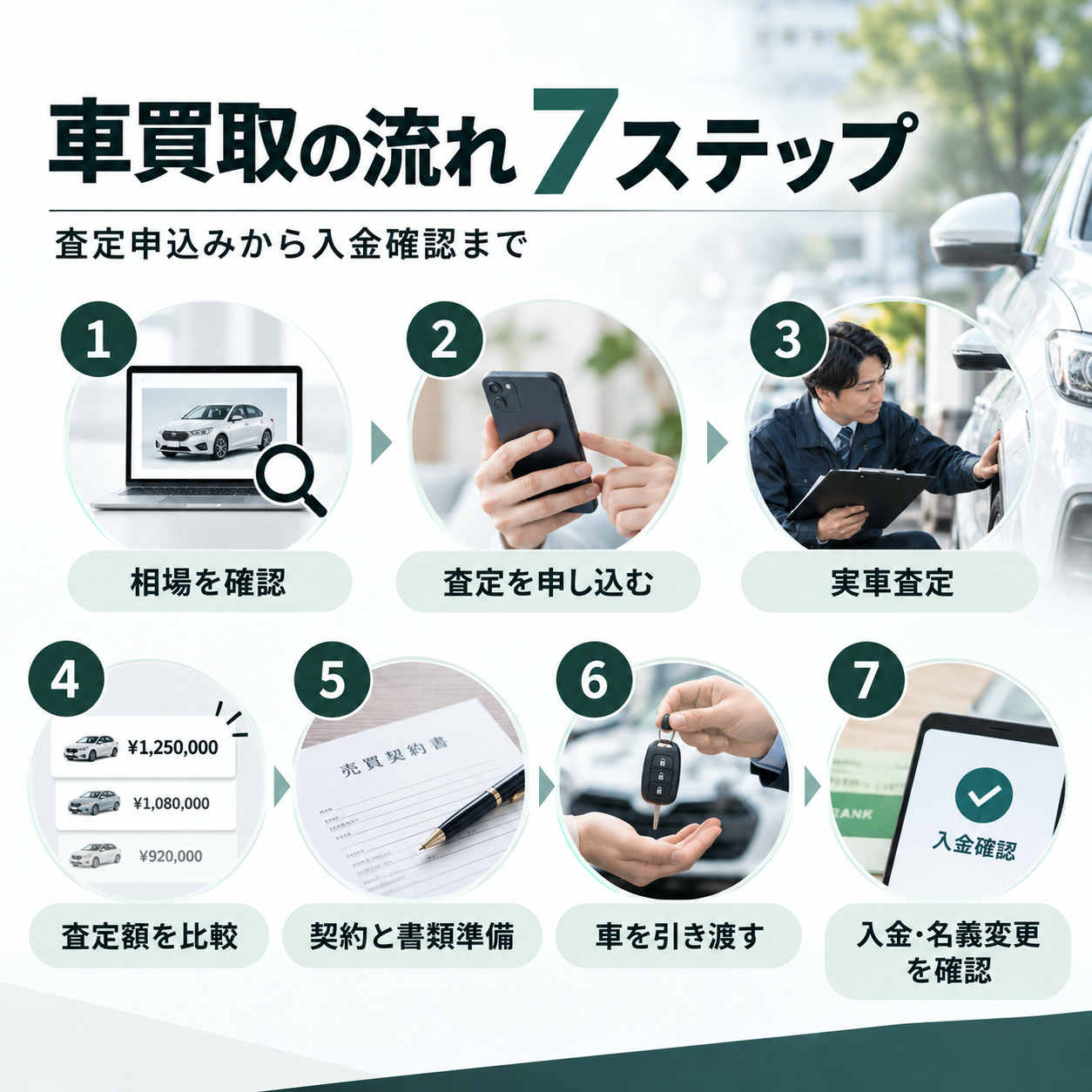 車買取の流れは査定申込みから入金確認まで7ステップ