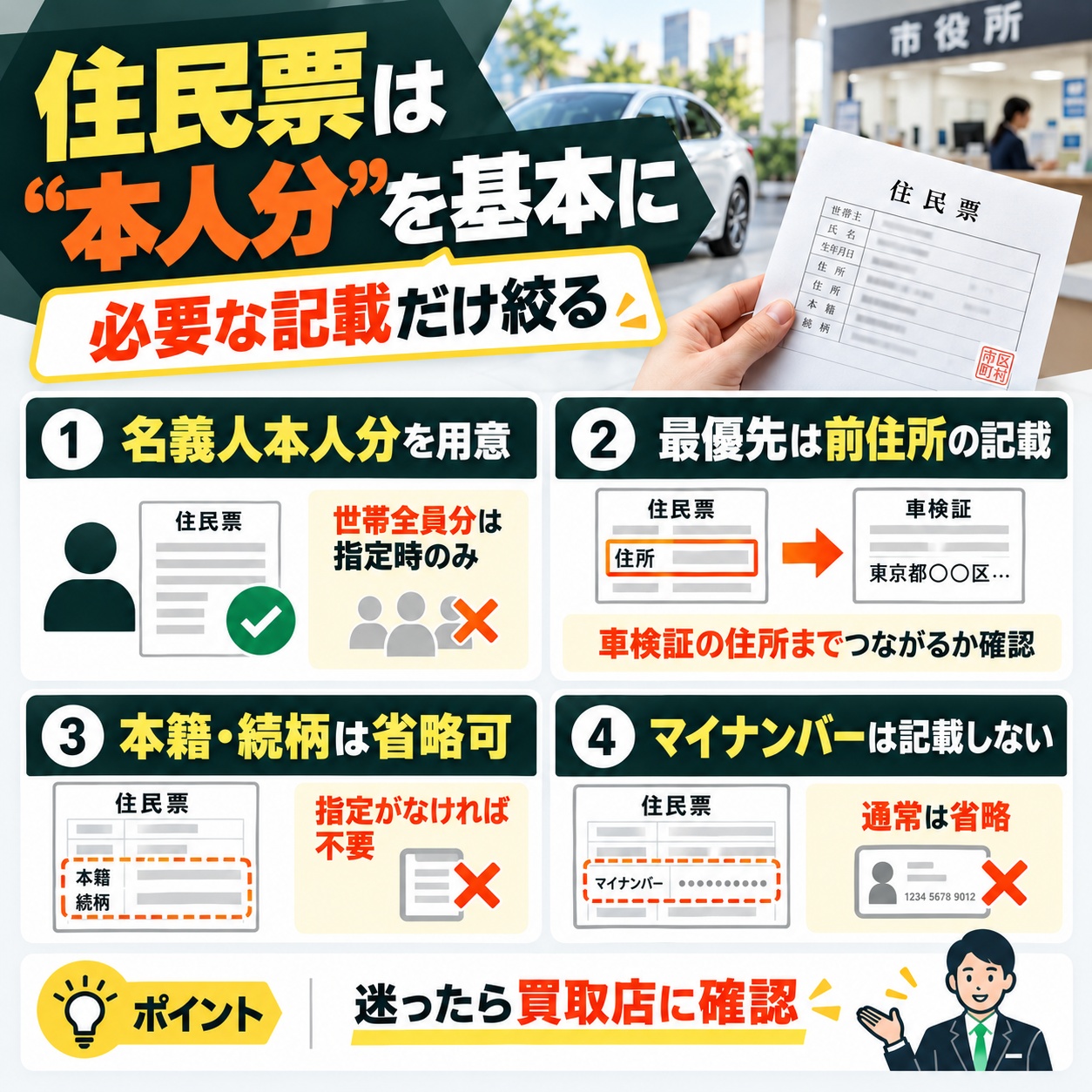 車売却の住民票は本人分を基本に記載事項を絞る